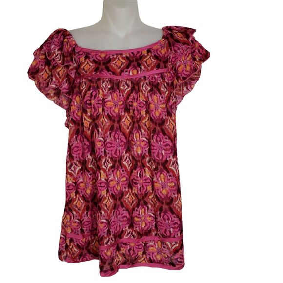 Notations Top Womens Large Floral Pink Orange Pullover Square Neck Short Flutter - Picture 1 of 10